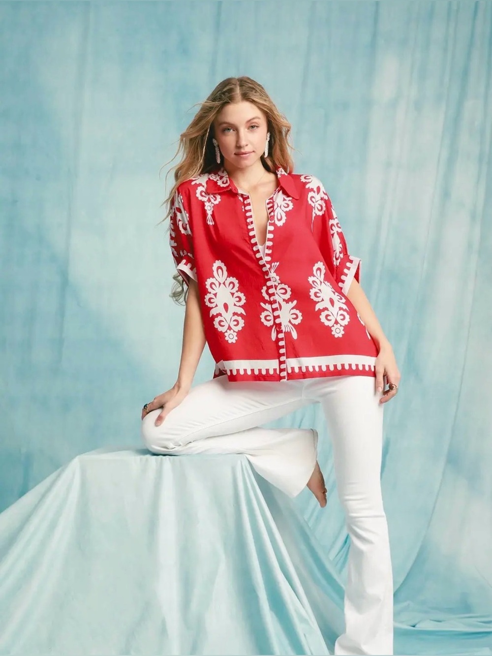 Umgee Abstract Print Button Down Short Sleeve Shirt - Picture 4 of 5